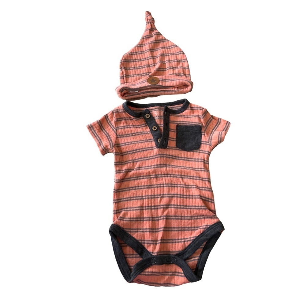 Renee Rofe Baby Onsie w Mathcing Hat Orange Brown Striped 3-6Mos no flaws